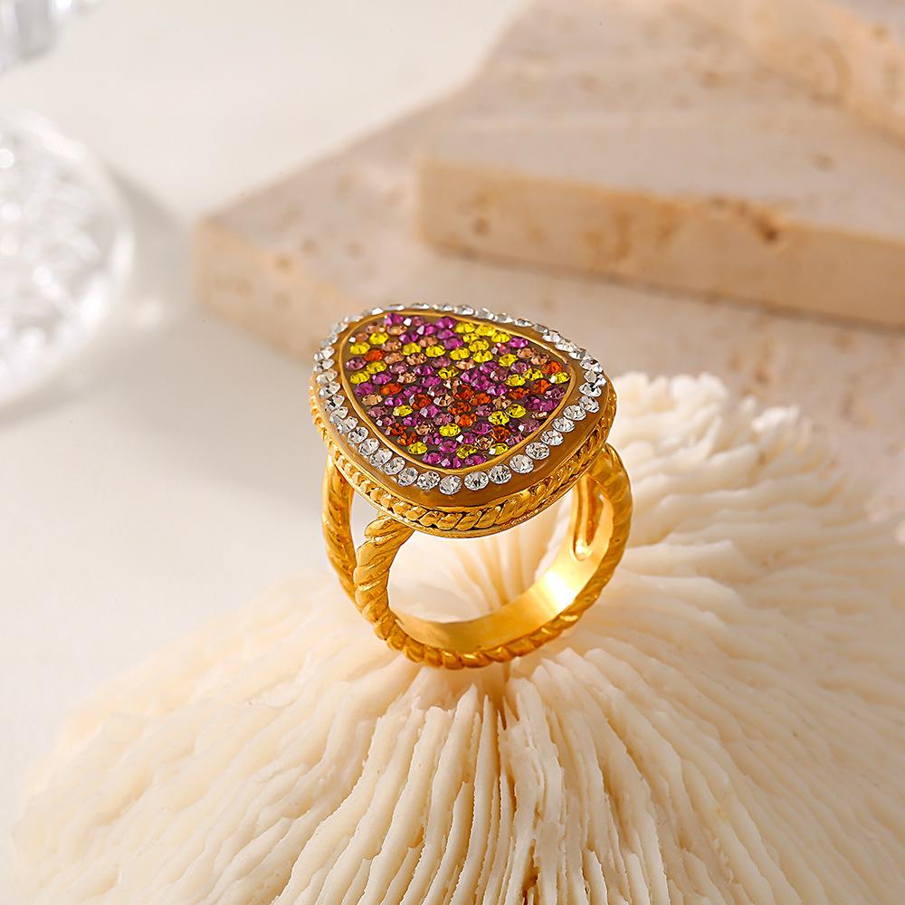 European-American Water Drop Braided Ring, Colored Diamond, 18k Gold PVD-Plated Titanium Steel Fashion Jewelry