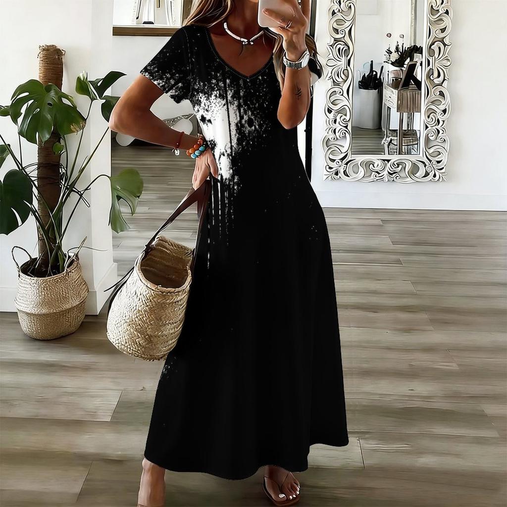 Women Plus Size V Neck Short Sleeve Printed Long Maxi Dress