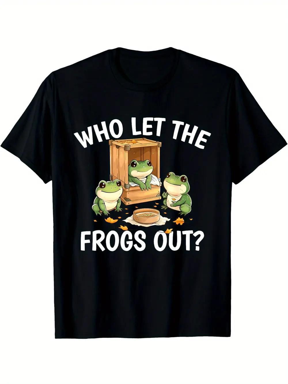 Funny Who Let The Frogs Out? Graphic T-shirt - Black Short Sleeve Casual Tee with Cartoon Frog Design XXL