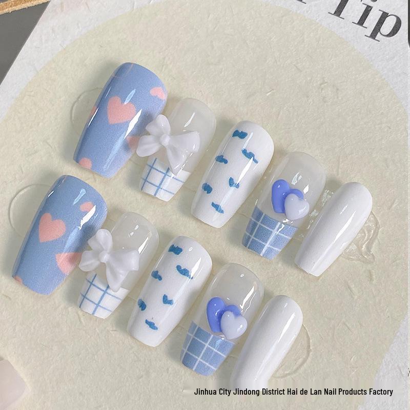 

Elegant Heart-Shaped Smog Blue Japanese Press-On Nails 2024 Edition Breeze-S