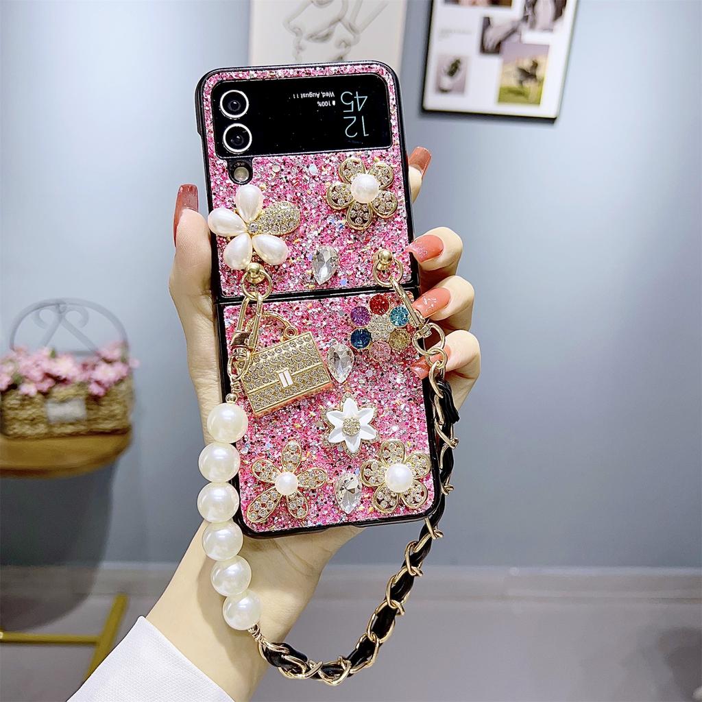 Luxuriöse koreanische Kristall-Diamant-Blumen-Perlen-Armband-Hülle für Samsung Galaxy Z Flip 3 4 5G Z Flip3 Z Fold 3 Z Fold 4 Cover