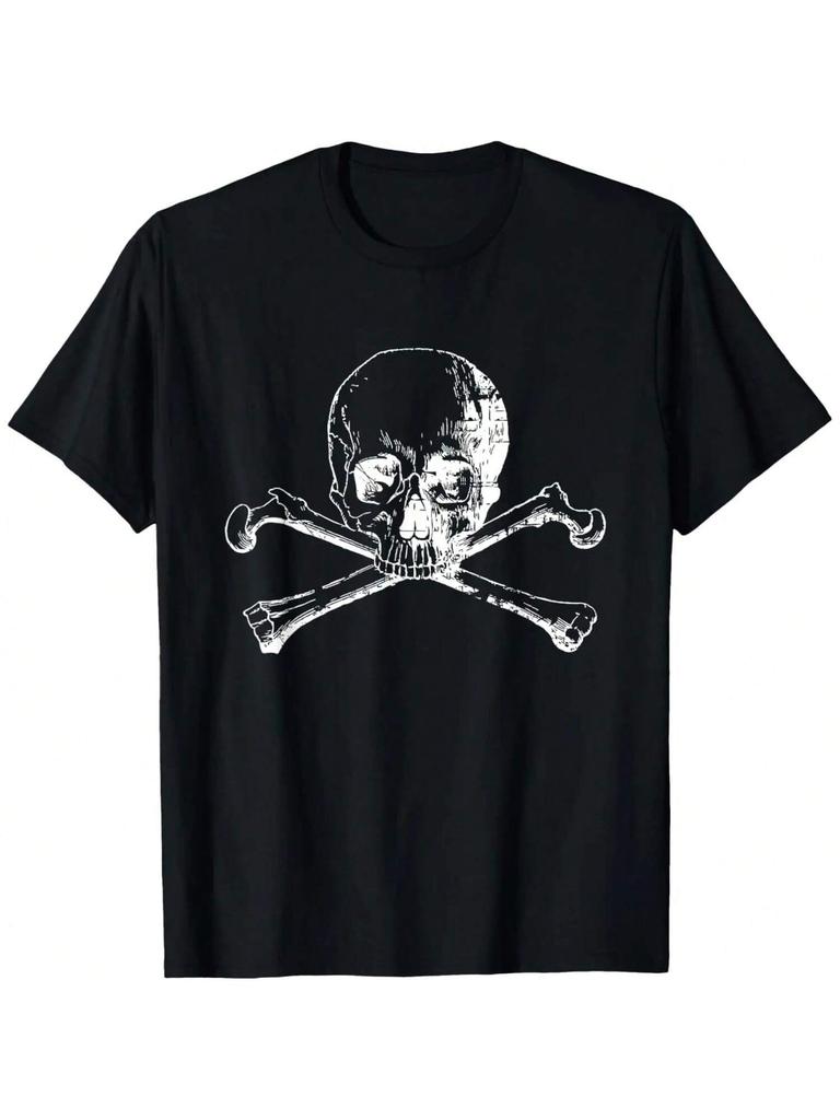 Distressed White Skull And Cross Bones Graphic Tee Shirt T-Shirt