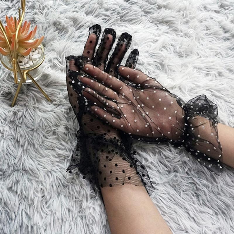 1 Pair Women Thin Short Tulle Gloves Stretchy Lace Spots Sheers Flexible Accessories Full Finger Short Gloves