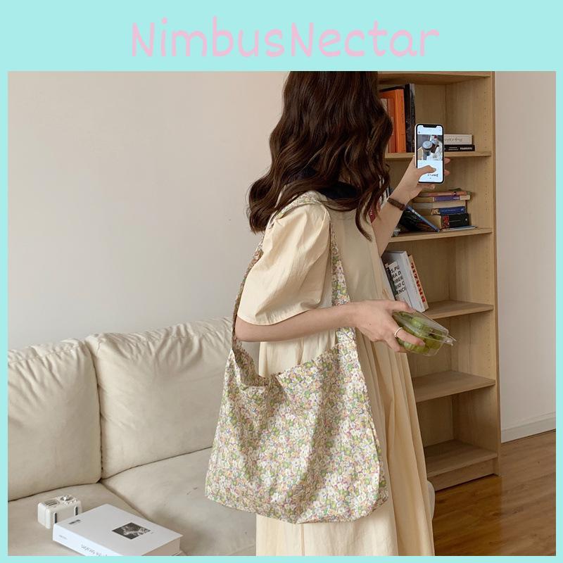 Trendy Korean Style Floral Canvas Tote Bag For Daily Use Medium Size Soft Handle