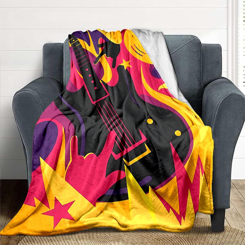 1pc Guitar Music Print Blanket - Lightweight Flannel Throw Blanket For Sofa, Bed, Living Room, Office, Outdoor Travel, Camping, Soft All-Season074