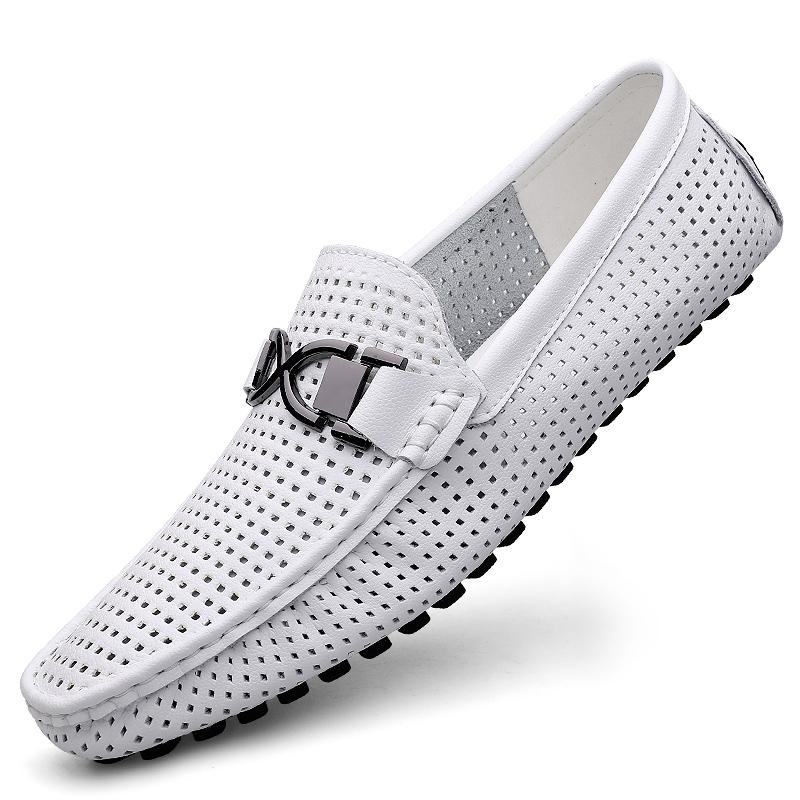 Fashion 2025 Spring Summer Men's Dress Shoes White Loafers Leather Casual Shoes Slip on Moccasin Shoes Fashion Hollow Out Design Shoes