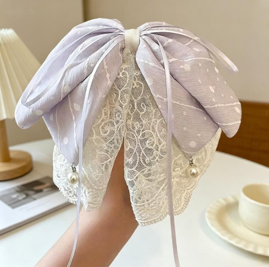 Soft Korean Chiffon Mesh Big Bow Shark Clips Women Gentle Temperament Half Tie Ponytail Daily Vacation Wedding Lace Hair Accessories for Her