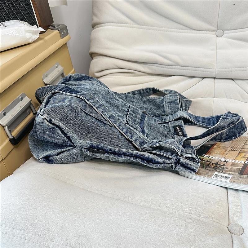Large Capacity Denim Bag Retro Tote Bag Commuter Student Class Shoulder Crossbody Bag