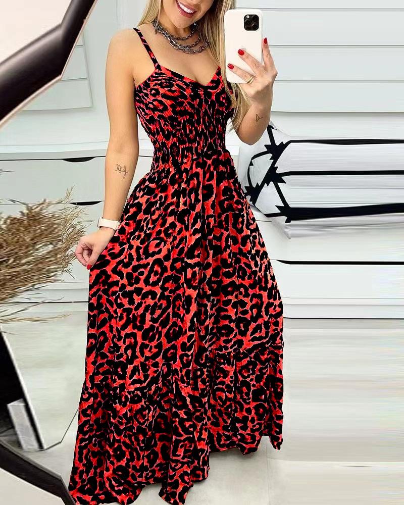 European and American summer new leopard print suspender V-neck dress, high waist skirt, sexy temperament fashion long dress women's clothing