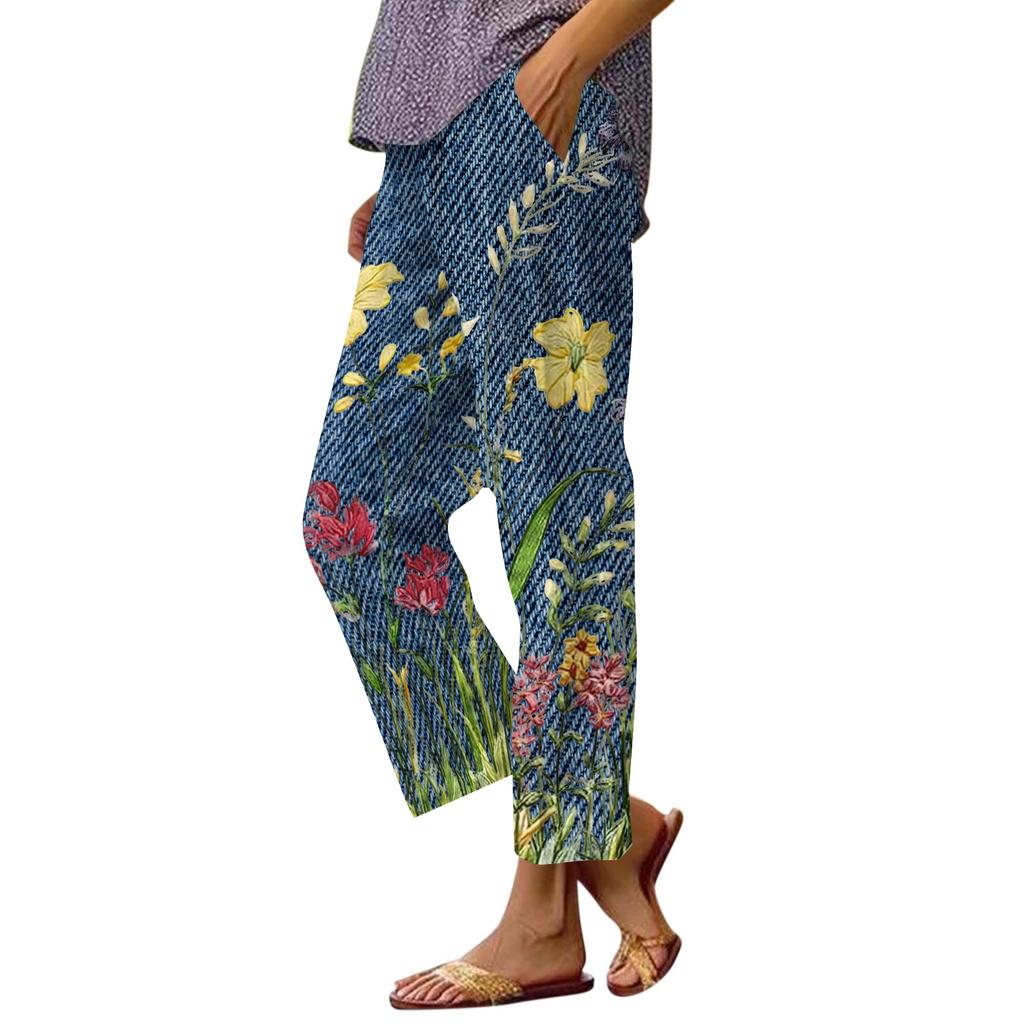 Hawaii Capri Pants for Women Casual Tropical Floral Print Pants Elastic High Waist Drawstring Summer Beach Trousers