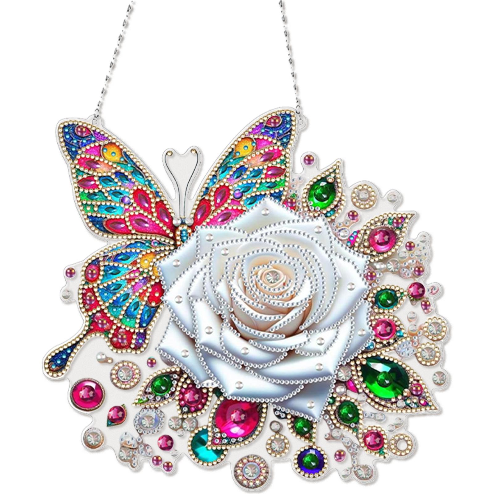 

Acrylic Special Shape Butterfly White Rose 5D DIY Diamond Painting Dots Pendant Diamond Painting Hanging Pendant for Art Crafts