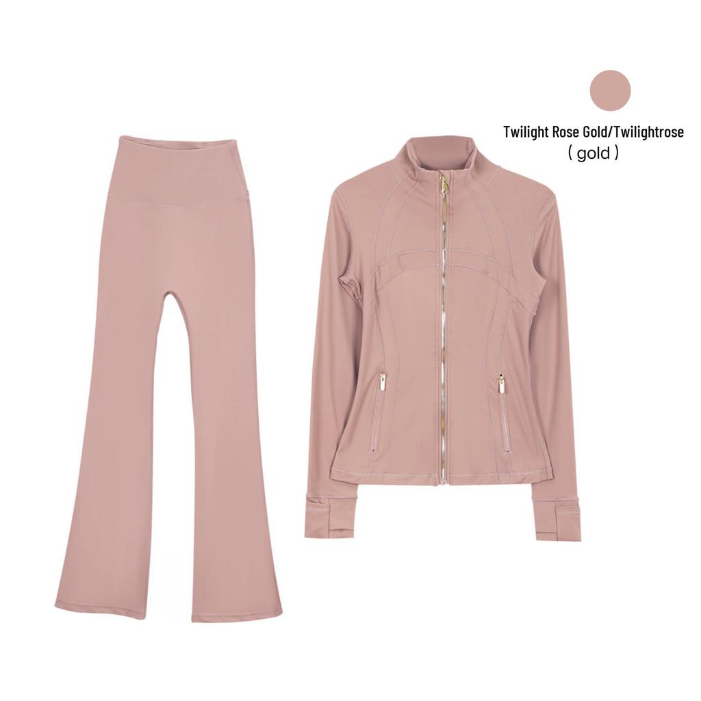 In Stock: Women's Gold Jacket & Flare Pants - High Stretch, Slimming Sports Yoga Set
