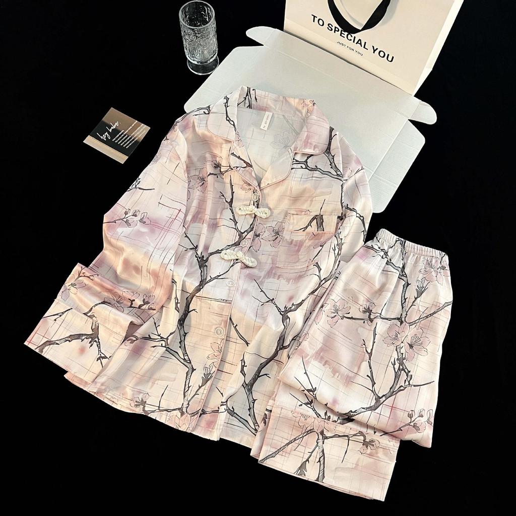 New Chinese Style Ice Silk Pajamas for Women: Cardigan Lapel with Retro Frog Button, Floral Design Home Wear.