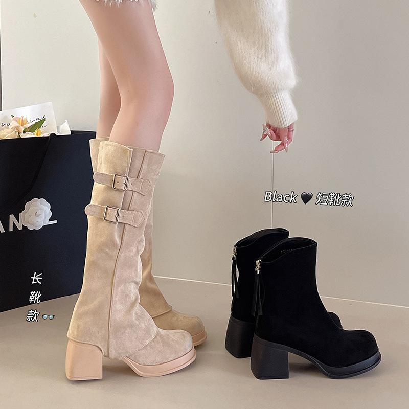 Beige retro detachable boots thick heel Martin boots women's 2025 new spring and autumn height-increasing and thin knight boots