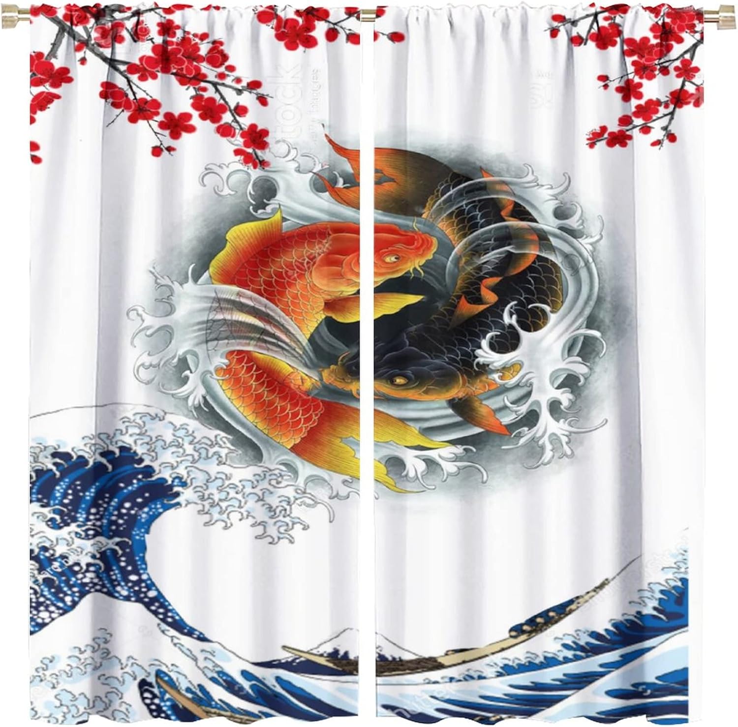 Koi Fish Curtains  Fantasy Yin Yang Japanese Big Wave Koi Cherry Blossom Room Window Curtains  42x45in Decor 100*130 Grommet Top 1pcs
