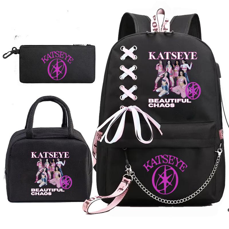 Katseye Kpop Girl Group Photo Set 3-Piece Backpack Set with Pencil Case and Lunch Bag, Trendy Color Block School Bookbag for Teen Girls