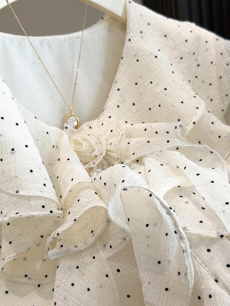 Women's French Ruffle Polka Dot Chiffon Shirt - Spring 2026 Design, Long Sleeve