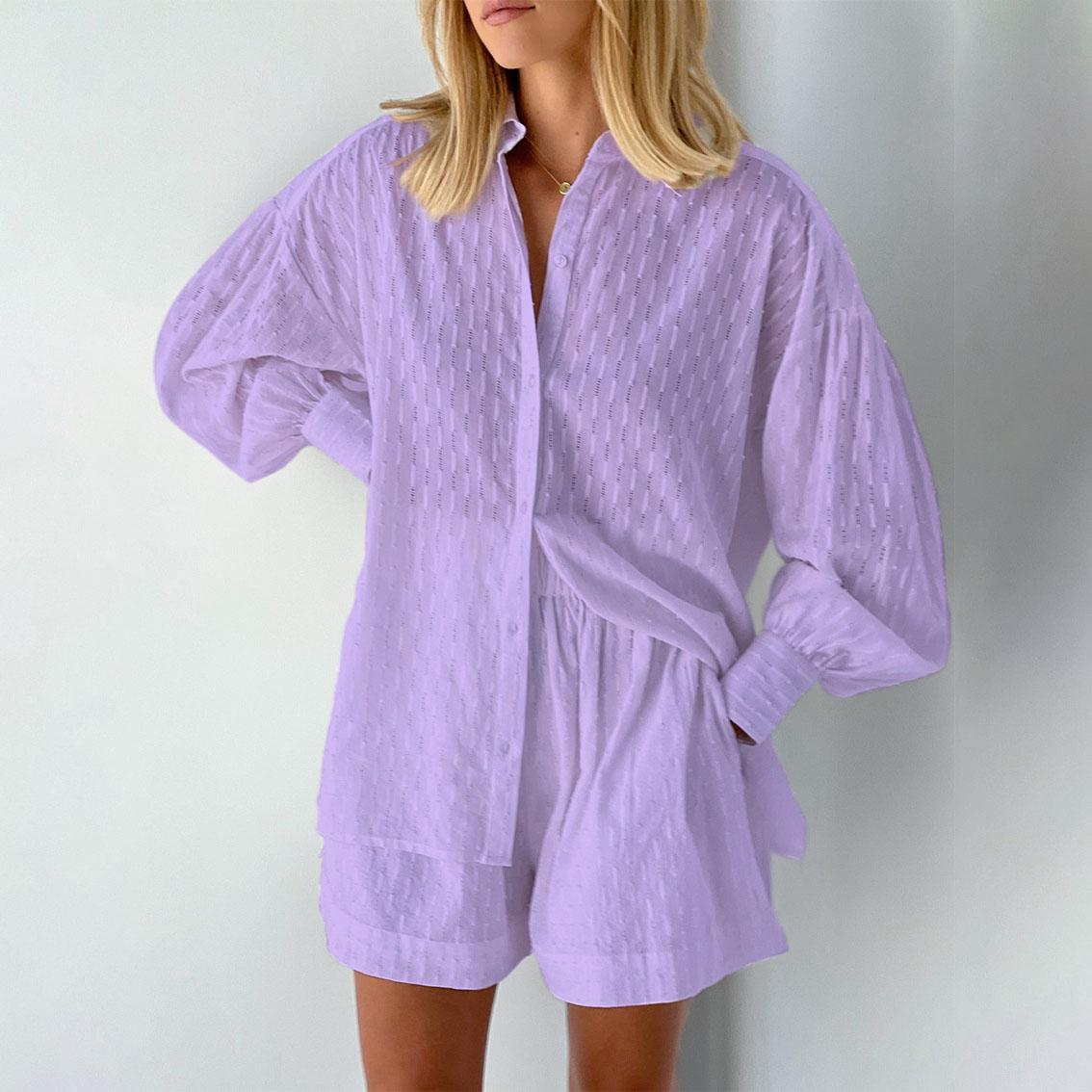 

Рубашка с длинными рукавами, куртка и шорты, комплекты летних женских однобортных костюмов, повседневная пляжная одежда для отпуска, повседневная одежда L фиолетовый