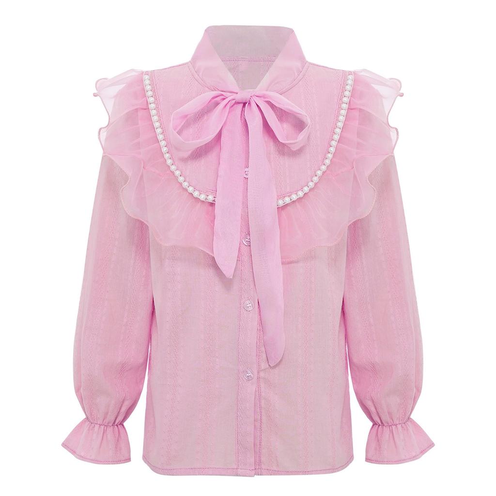 Mädchen Elegante Knopfbluse Schnürkragen Künstliche Perlen Tüllrüschen Langarmhemd