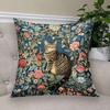 1Pc Tabby Cat Vintage Floral Printed Throw Pillow Cover, Suitable For Sofa, Bedroom, Living Room, Elegant Gift For Cat Lovers.