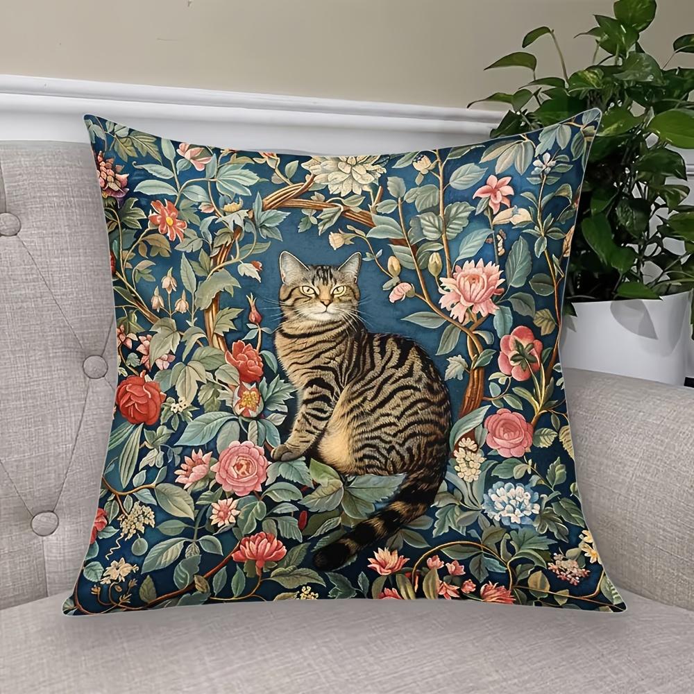 1Pc Tabby Cat Vintage Floral Printed Throw Pillow Cover, Suitable For Sofa, Bedroom, Living Room, Elegant Gift For Cat Lovers.