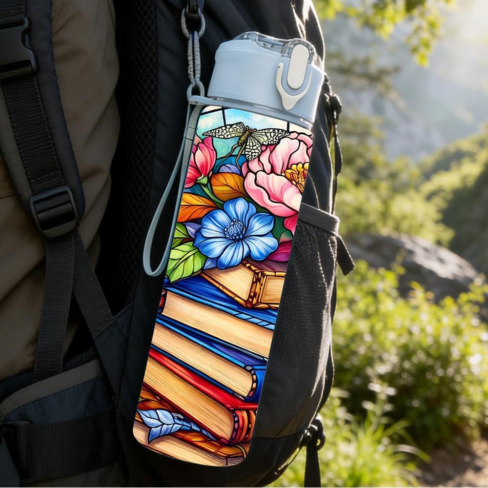 1PC Stack Book Rose Flower Knowledge Art 750ml Color Plastic Sports Water Bottle Leakproof Flip Straw Lid Suitable for Sports Office Home Use