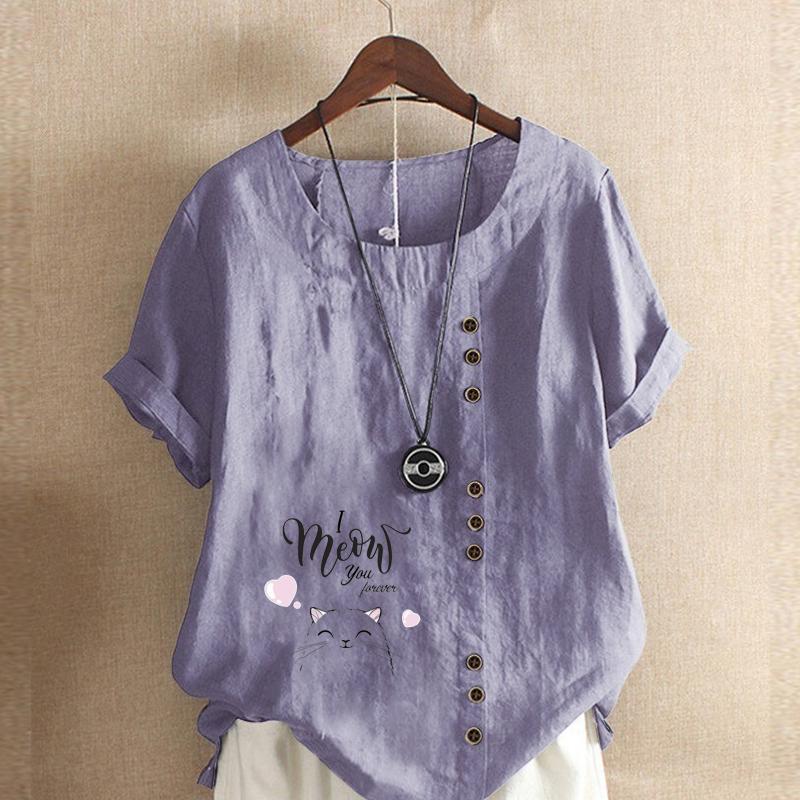 Women's Fashion Cat Letters Prined Short Sleeve T-shirt Loose Cotton Shirt Casual Loose Summer Blouse Tops Plus Size
