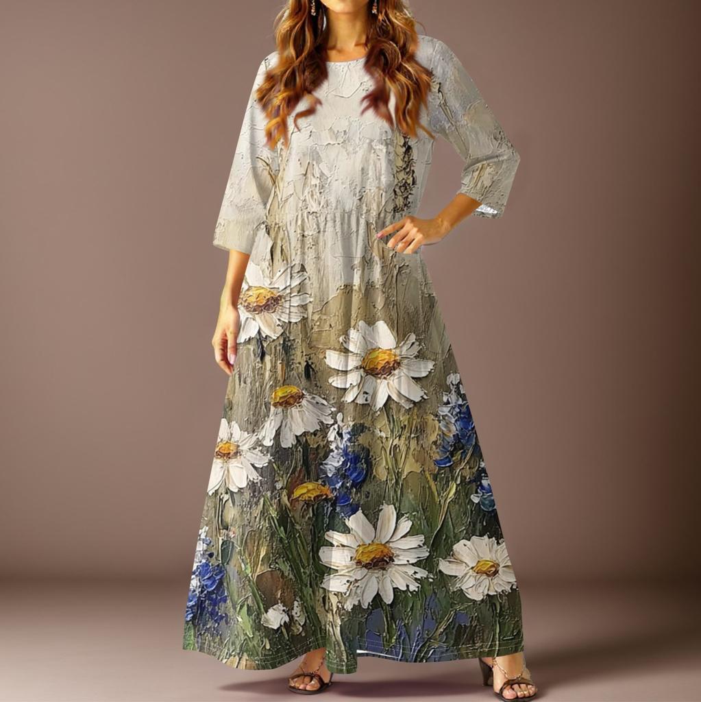 Damen Freizeitmode Blumenmuster Dreiviertelarm Langes Kleid mit Taschen