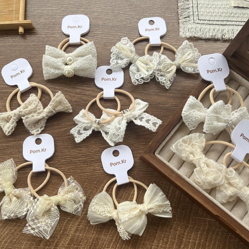 2pcs/set Beige Color Cute Lace Bow Hair Ties for Girls Fashionable Stretch Versatile Kids Ponytail Holders with Floral Lace Trim