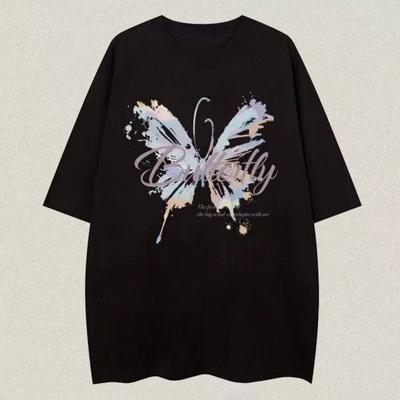 2026 Summer Unisex Unisex Watercolor Butterfly Graphic Tshirt Letter Print Oversized Short Sleeve Streetwear Casual Black Tee Tops