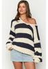 Autumn/Winter Casual Loose Knit Sweater with Slanted Shoulder and Dopamine Stripes
