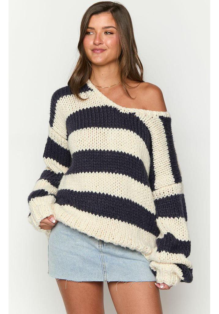 Autumn/Winter Casual Loose Knit Sweater with Slanted Shoulder and Dopamine Stripes
