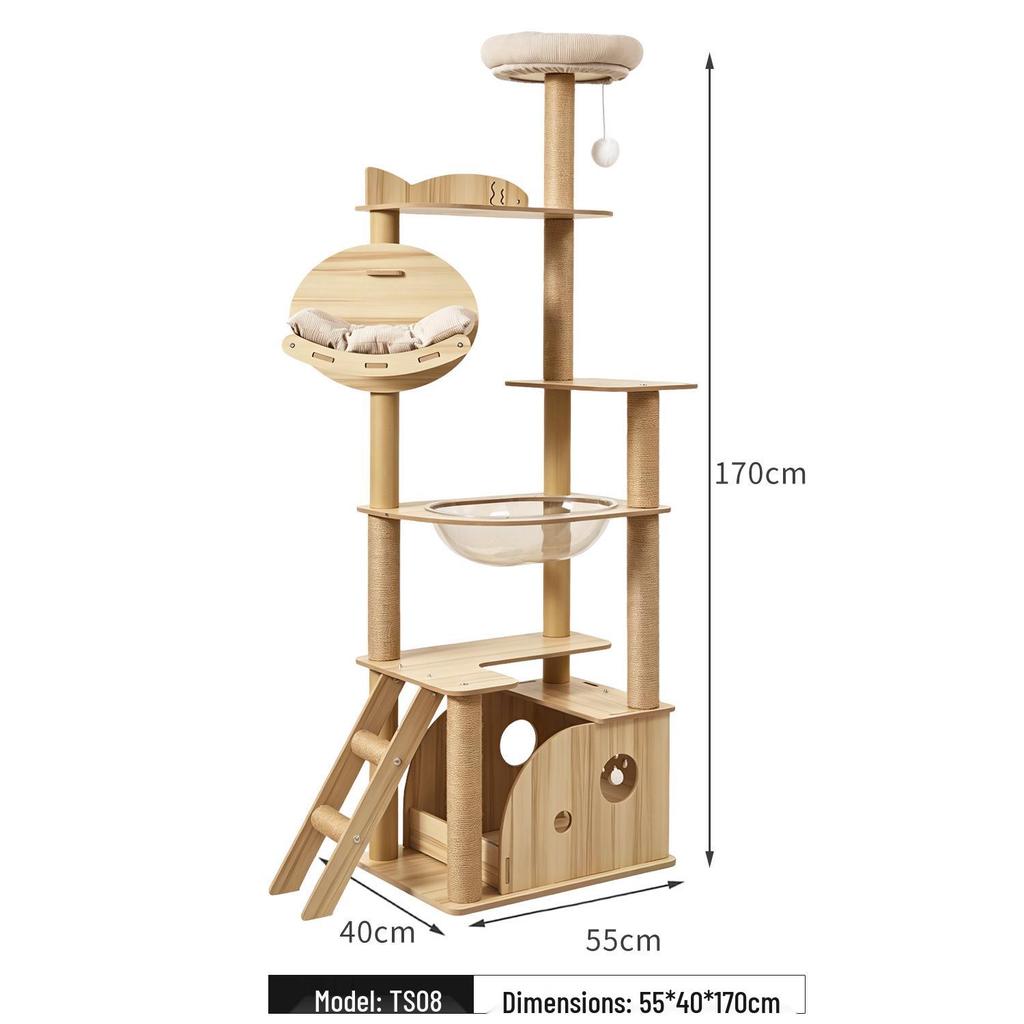 Large Wooden Cat Tree & Scratching Post with Space-Saving Design - Integrated Climbing Frame & House
