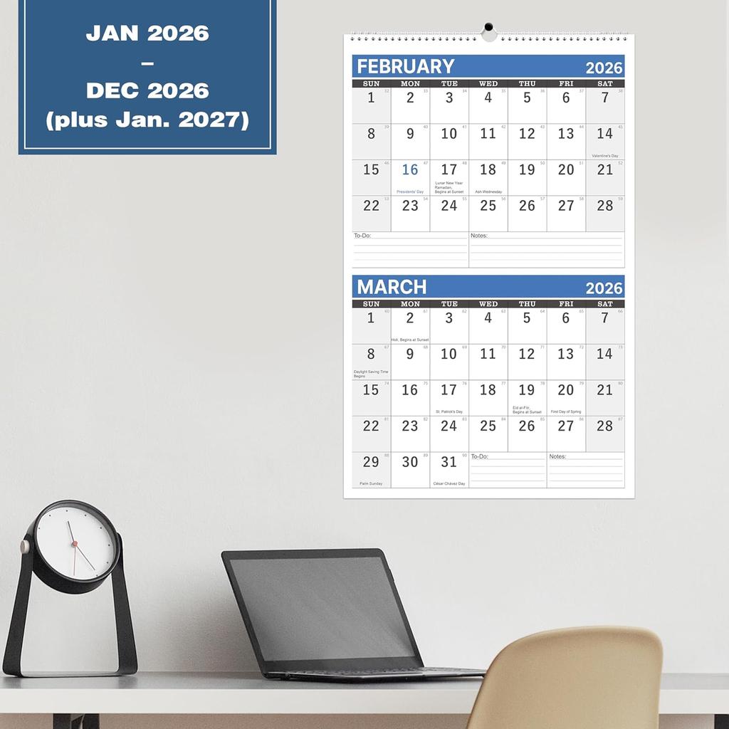 2026 Wall Calendar - 2 Month Wall Calendar 2026 Display (Folded in a Month), 17.6" x 11.3", Jan. 2026 - Dec. 2026, Calendar 2026 - Blue