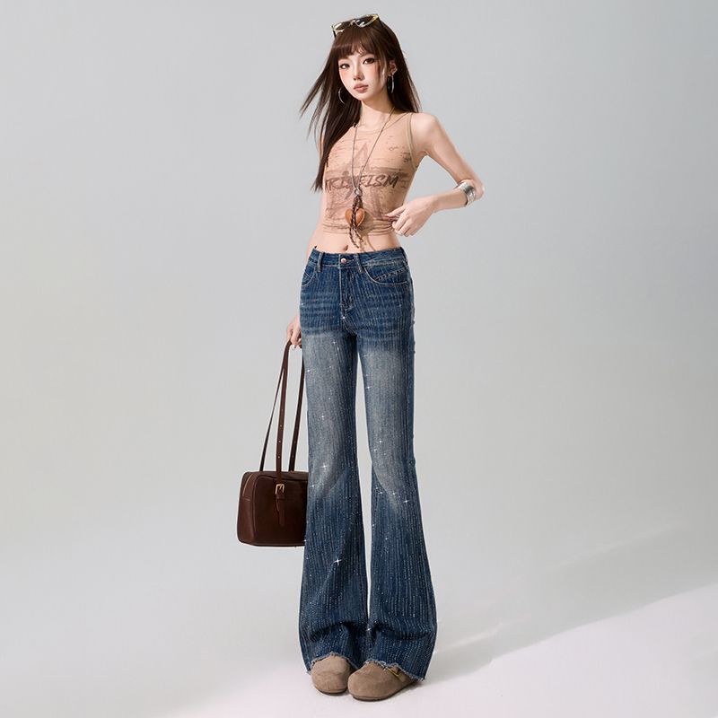 Spring Summer Full Star Rhinestone Vintage Y2K Horse Hoof Raw Edge High Waist Stretch Micro Flare Denim Pants For Ladies Casual Denim Trousers
