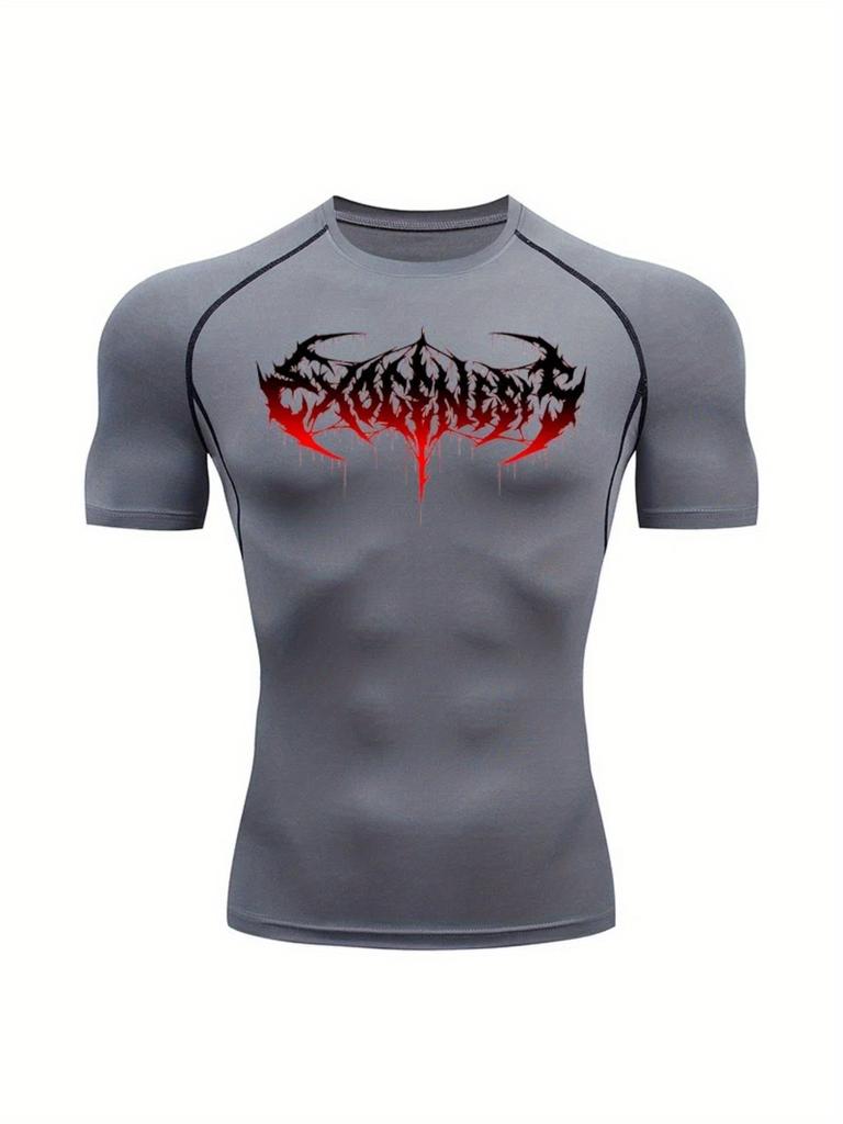 Men's Compression Shirt Quick Dry Black Gym T-Shirt Red Gradient Death Metal Drip Font Print Sportswear