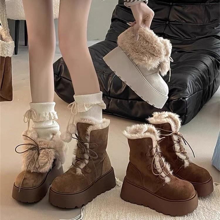 Damen-Winter-Flip-Flops mit dicker Sohle, Schnürung, zwei Tragevarianten, leicht, warm, kälteabweisend, gepolsterte Schneestiefel, rutschfest, lässige Sneaker, Baumwollschuhe