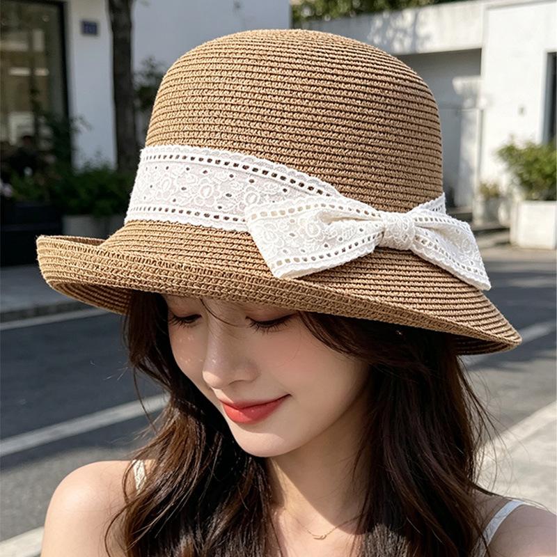 French Elegant Lace Bow Curled Edge Straw Hat Women's Spring and Summer Fashion Sunscreen Sun Hat Seaside Vacation Wind