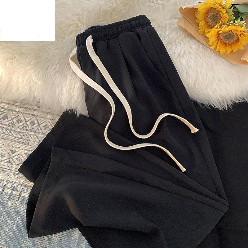 

Летние тонкие свободные широкие мужские эластичные модные повседневные прямые брюки на шнурке черного, синего, серого цвета 3XL