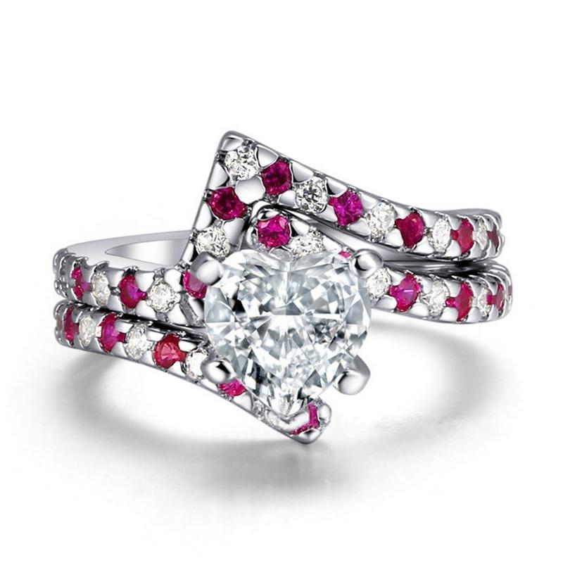 

Изысканный красный горный хрусталь, инкрустация, коктейльные украшения, женский комплект свадебных обручальных колец в форме сердца