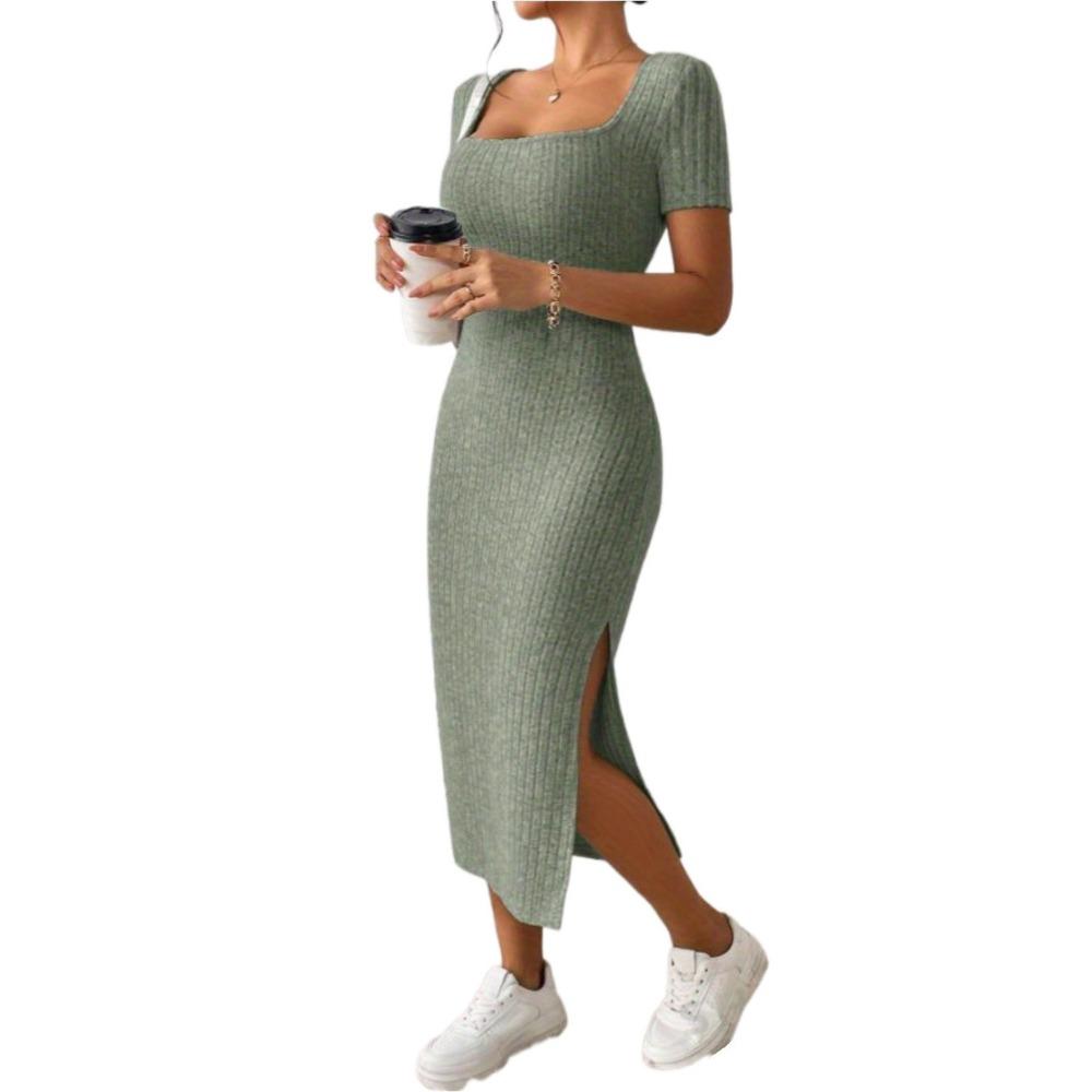 Summer Square Neck, Hip-Hugging Mid-Length Skirt, Short-Sleeved, Versatile Knitted Slit Dress