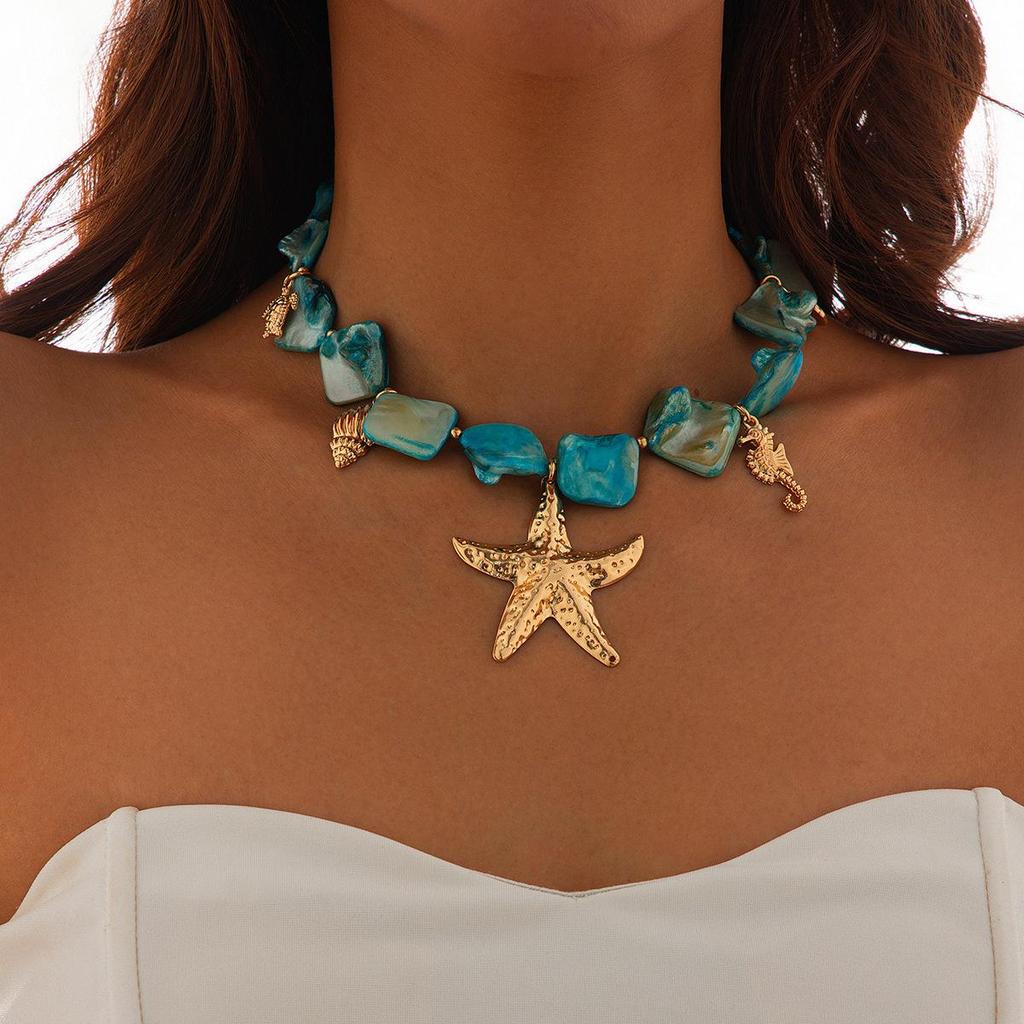 2026 European Cross-Border Starfish & Shell Alloy Necklace - Retro Summer Mermaid Design