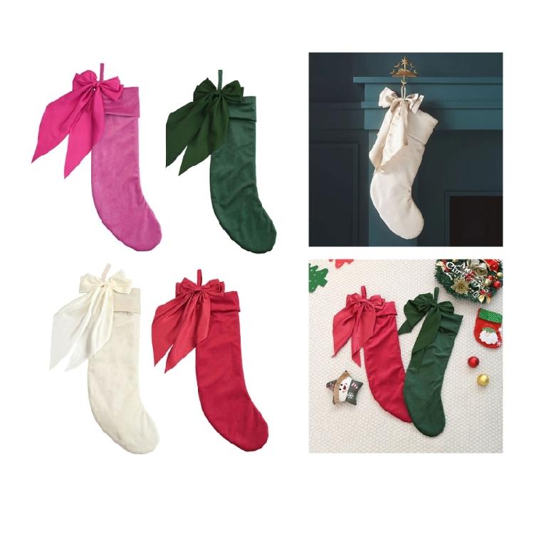 Bows Christmas Stockings Ornament Candy Gift Bag Christmas Hanging Socks For Tree Fireplaces Holiday Decoration
