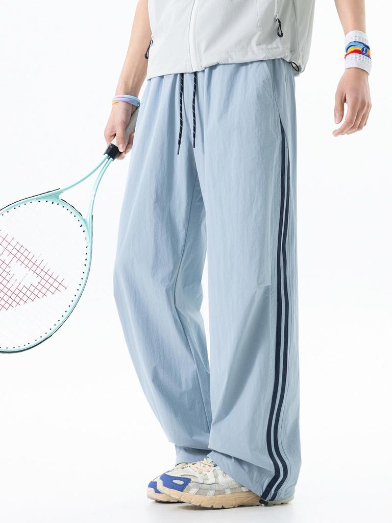 Men's American Outdoor Striped Drawstring Wide-Leg Summer Pants - Breathable, Loose, Straight-leg, Casual Sportswear