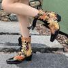 B/Women's High Heel Short Boots Fashion Print Thick Heel Denim Boots Autumn and Winter New Large Women's Boots