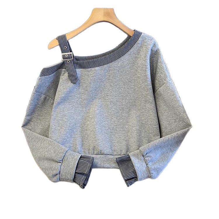 2025 Designer Off-Shoulder Slanted Neck Petite Sweatshirt Long-Sleeve Top for Spring & Autumn