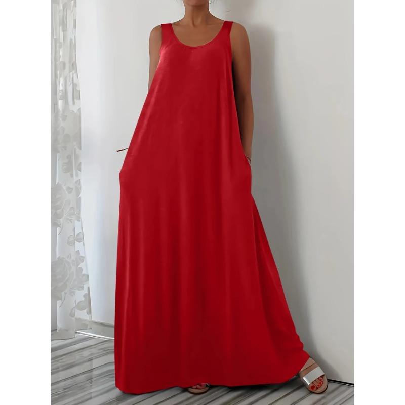 Damenkleid Sommer Einfarbig Übergröße Strand Langkleid Lässig Seitentasche Ärmelloses Kleid