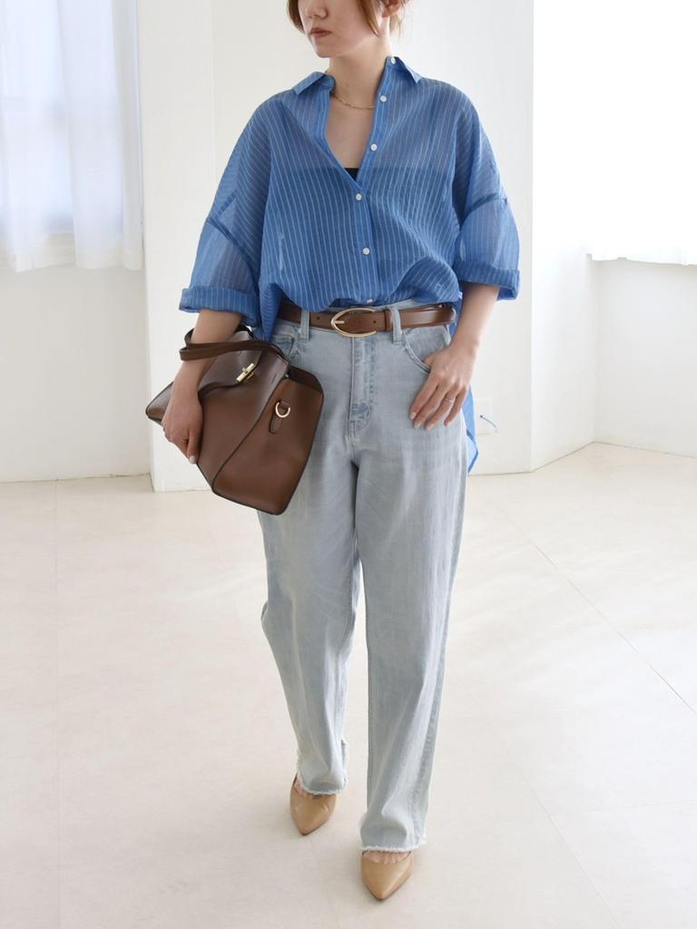 Hand Washable Sheer Striped Border Big Shirt 611110027 Blue One Size [Caranciel]