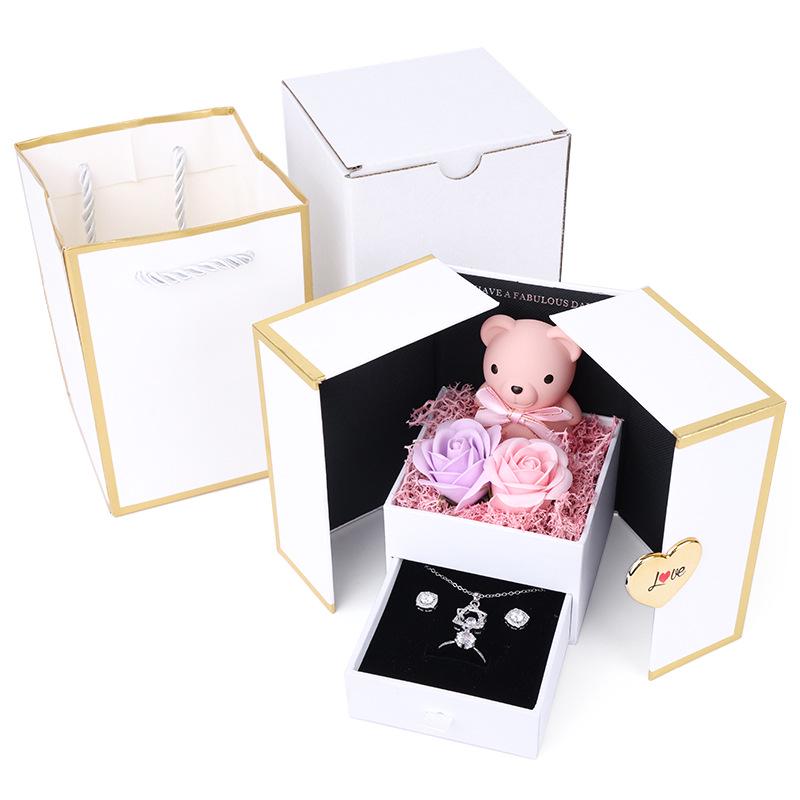 Caixa de Presente Ursinho Porta Dupla: Rosa Preservada e Gaveta de Joias para Aniversários e Dia dos Namorados