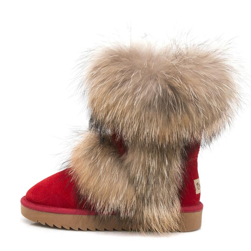 Fashion 2025 All-Match Natural Fox Fur Snow Boots Real Suede Leather Shoes Mid-Calf Knee-High Boots Raccoon Fur Warm Women'S Flat Boots
